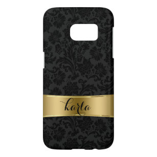 Black Floral Damask Gold Metallic Accent Samsung Galaxy S7 Hoesje