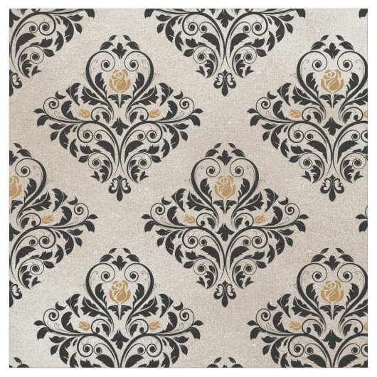 Black Floral Damask op Cream Stof (Close Up)