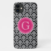 Black Floral Damask Pattern Hot Pink Monogram Case-Mate iPhone Case (Achterkant)