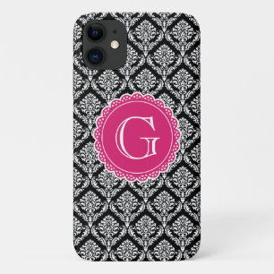 Black Floral Damask Pattern Hot Pink Monogram Case-Mate iPhone Case