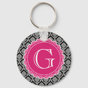 Black Floral Damask Pattern Hot Pink Monogram Sleutelhanger
