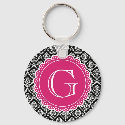 Black Floral Damask Pattern Hot Pink Monogram Sleutelhanger (Voorkant)