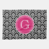 Black Floral Damask Pattern Hot Pink Monogram Theedoek (Horizontaal)