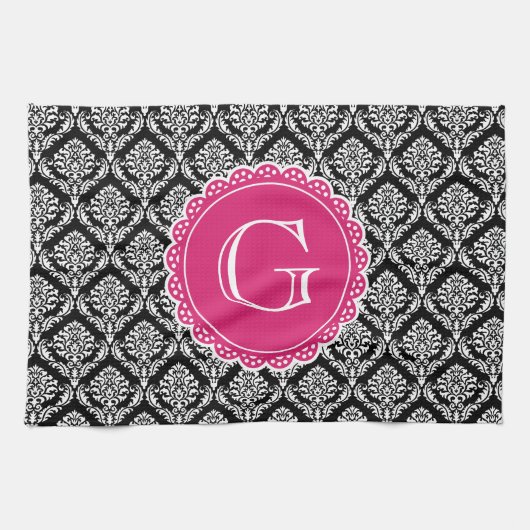 Black Floral Damask Pattern Hot Pink Monogram Theedoek (Horizontaal)