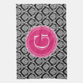 Black Floral Damask Pattern Hot Pink Monogram Theedoek (Verticaal)