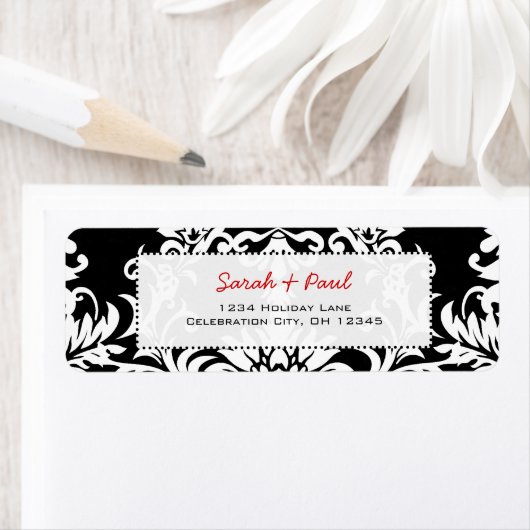 Black Floral Damask Red Font Return Label (Insitu)