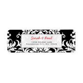 Black Floral Damask Red Font Return Label (Voorkant)