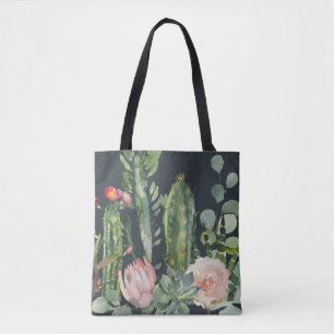 BLACK FLORAL DESERT CACTI FOLIAGE WATERVERF BRIDE TOTE BAG