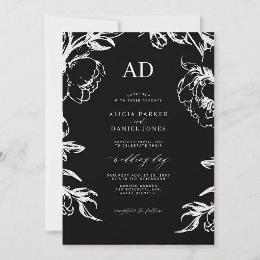 Black floral elegant wedding kaart (Voorkant)