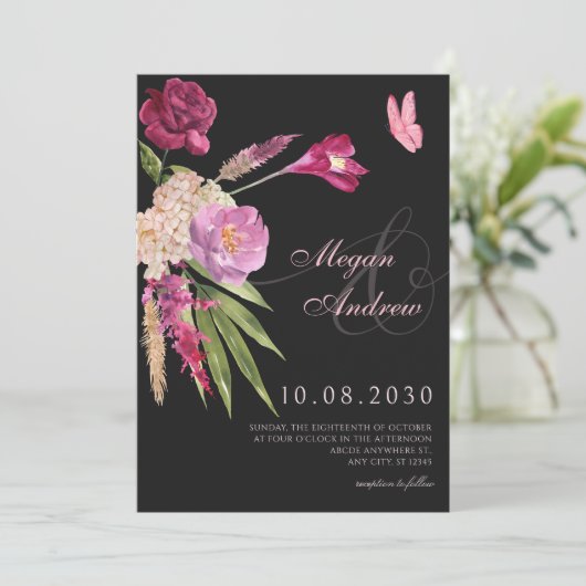 Black Floral esthetische bruiloft Kaart (Staand voorkant)