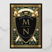 Black Floral Fantasy Sword Shield Monogram Wedding Folie Uitnodiging (Achterkant)