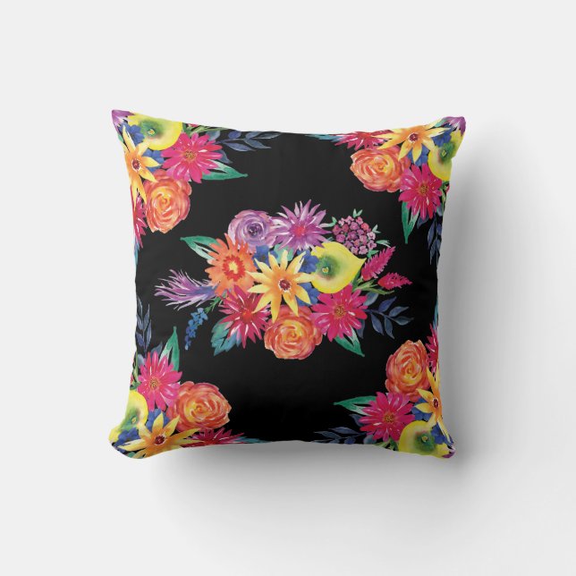 Black Floral Fiesta Mexican Flower Sierkussen (Voorkant)