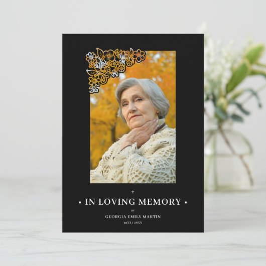 Black Floral Frame Elegant Photo Funeral (Staand voorkant)