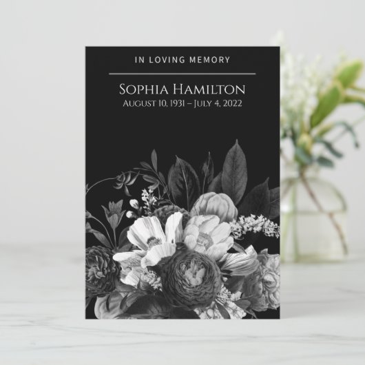 Black Floral Funeral Memorial Programme Programmakaart (Staand voorkant)