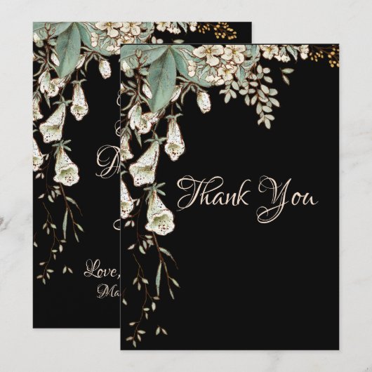 Black Floral Garland Script Elegant Wedding Bedankkaart (Voorkant / Achterkant)