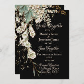 Black Floral Garland Script Elegant Wedding Kaart (Voorkant / Achterkant)
