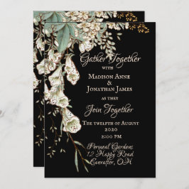 Black Floral Garland Script Elegant Wedding Kaart