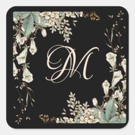 Black Floral Garland Script Monogram Elegant Vierkante Sticker