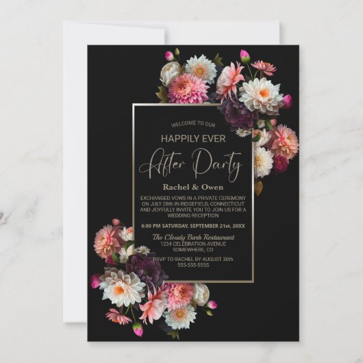 Black Floral Gelukkig Ooit Na Bruiloft Receptie Kaart (Voorkant)