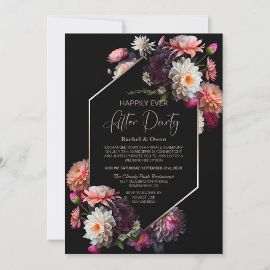 Black Floral Gelukkig Ooit Na Bruiloft Receptie Kaart (Voorkant)