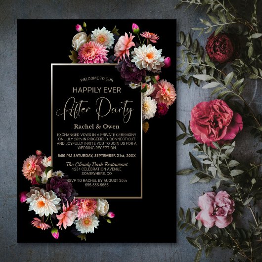 Black Floral Gelukkig Ooit Na Bruiloft Receptie Kaart