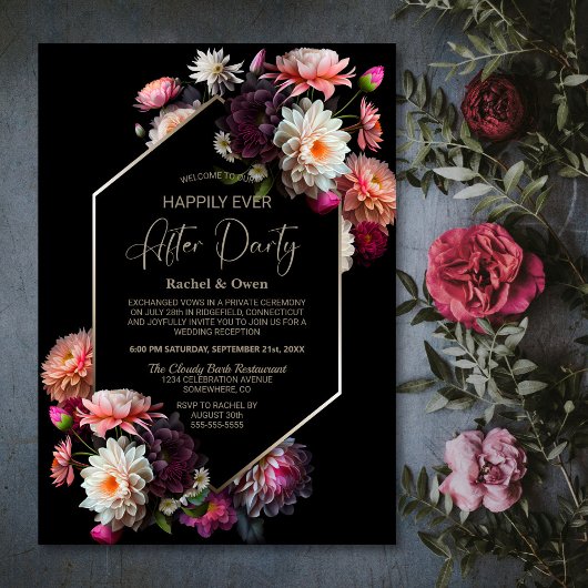 Black Floral Gelukkig Ooit Na Bruiloft Receptie Kaart