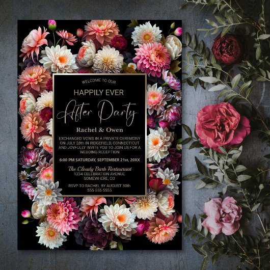 Black Floral Gelukkig Ooit Na Bruiloft Receptie Kaart