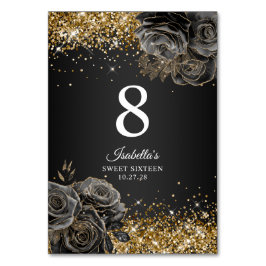 Black Floral Glam Gold Glitter Sweet Sixteen Kaart