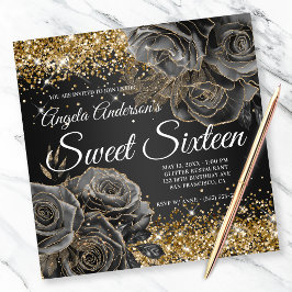 Black Floral Glam Gold Glitter Sweet Sixteen Kaart