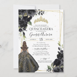 Black Floral Gold Accent Elegant Quinceanera Invit Kaart