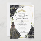 Black Floral Gold Accent Elegant Quinceanera Kaart (Voorkant)