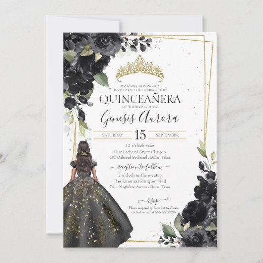 Black Floral Gold Accent Elegant Quinceanera Kaart (Voorkant)