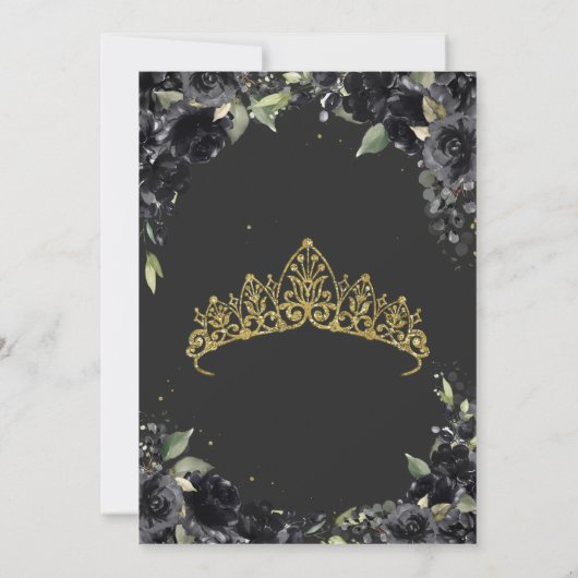 Black Floral Gold Accent Elegant Quinceanera Kaart (Achterkant)