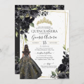Black Floral Gold Accent Elegant Quinceanera Kaart (Voorkant / Achterkant)