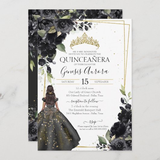 Black Floral Gold Accent Elegant Quinceanera Kaart (Voorkant / Achterkant)
