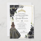 Black Floral Gold Accent Elegant Quinceanera Kaart (Voorkant)