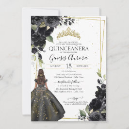 Black Floral Gold Accent Elegant Quinceanera Kaart