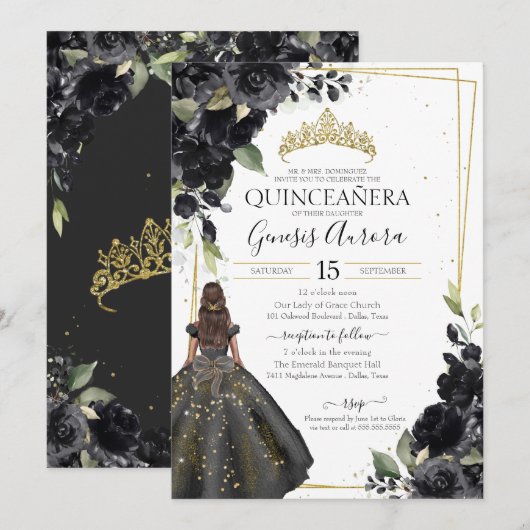 Black Floral Gold Accent Elegant Quinceanera Kaart (Voorkant / Achterkant)