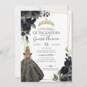 Black Floral Gold Accent Elegant Quinceanera Kaart (Voorkant)