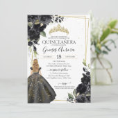 Black Floral Gold Accent Elegant Quinceanera Kaart (Staand voorkant)
