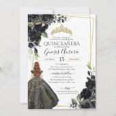 Black Floral Gold Accent Elegant Quinceanera Kaart (Voorkant)