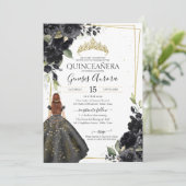Black Floral Gold Accent Elegant Quinceanera Kaart (Staand voorkant)