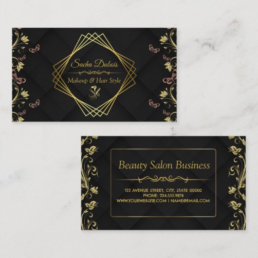 Black Floral Gold Beauty Salon Modern Hair Stylist Visitekaartje (Voorkant / Achterkant)