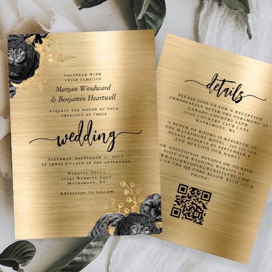 Black Floral Gold Brushed Metal QR Code Wedding Kaart
