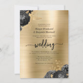 Black Floral Gold Brushed Metal QR Code Wedding Kaart (Voorkant)