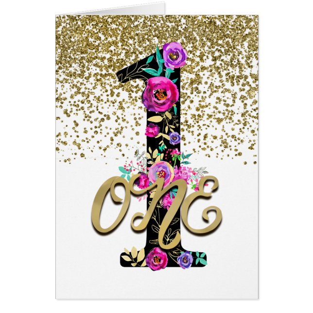 Black Floral Gold Glitter ONE 1 1e verjaardag (Voorkant)
