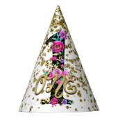 Black Floral Gold Glitter ONE 1 1e verjaardag Feesthoedjes (Voorkant)
