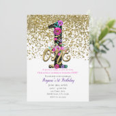 Black Floral Gold Glitter ONE 1 1e verjaardag Kaart (Staand voorkant)