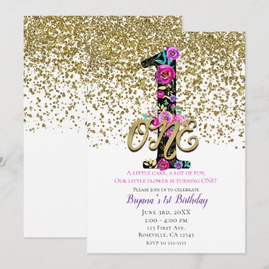 Black Floral Gold Glitter ONE 1 1e verjaardag Kaart (Voorkant / Achterkant)