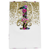 Black Floral Gold Glitter ONE 1 1e verjaardag Medium Cadeauzakje (Voorkant)